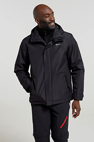 Mountain Warehouse Fell Mens 3 in 1 Water Resistant Jacket - Adjustable Coat with Packaway Hood, Detachable Inner Fleece & Many Pockets - For Hiking & Outdoors Black L