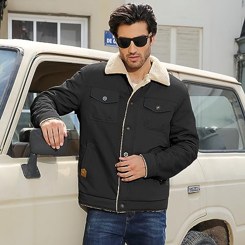 Vancavoo Winter Jackets for Men Fleece Lined Warm Military Industry Coat Thick Casual Cargo Jacket with 5 Pockets Lapel Collar Cotton for Outdoor Work Autumn Winter(Black,XL)
