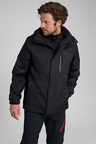 Mountain Warehouse Bracken Extreme Mens 3 in 1 Waterproof Jacket – Adjustable Mens Coat, Warm Rain Jacket, Headphone Compatible Outerwear – for Camping, Walking Black M