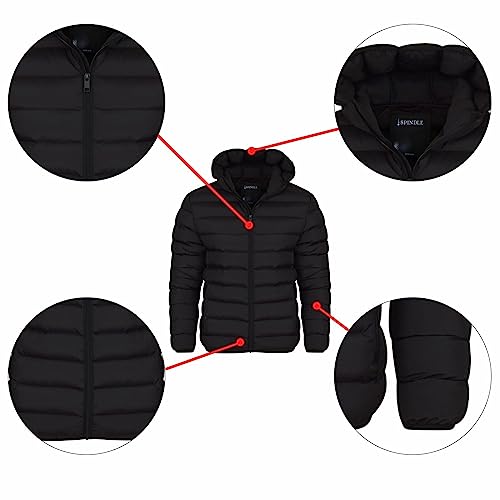 Spindle Mens Plain Black Hooded Padded Quilted Puffer Jacket Winter Coat 2 Zip Pockets Black With Zips L