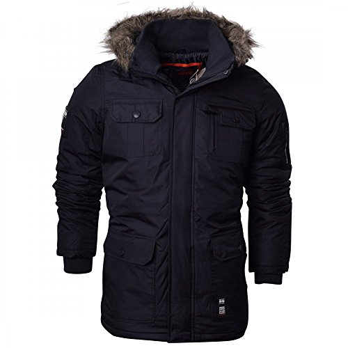 Crosshatch Mens Heavy Weight Fur Hood 'Parked' Parka Padded Waterproof Winter Coat Jacket (3XL, BLACK)