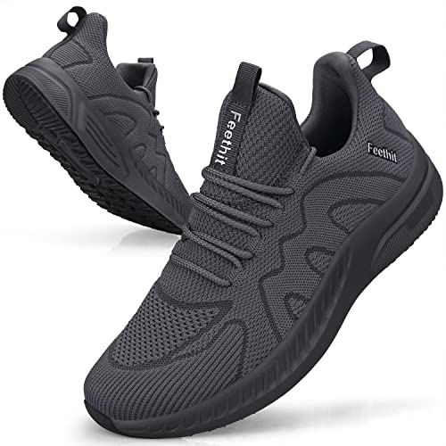 Feethit Trainers Men Running Shoes Tennis Sports Training Walking Gym Athletic Fitness Fashion Sneakers Trainers for Men Breathable Lightweight Comfortable Outdoor Shoes for Jogging Dark Grey UK 9.5
