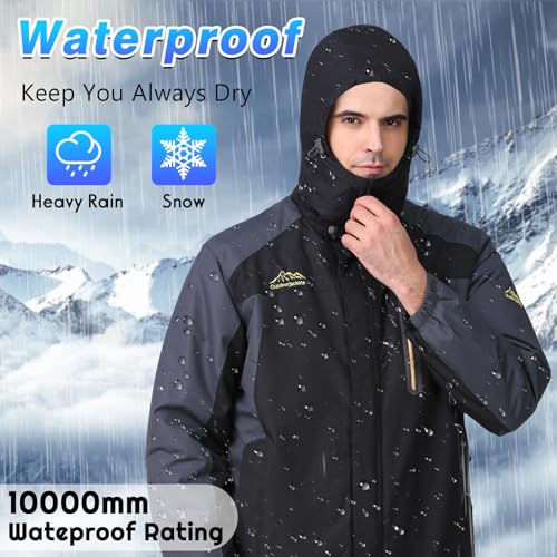 R RUNVEL Mens Waterproof Jackets Winter Coats for Men Walking Hiking Ski Rain Warm Fleece Outdoor Mountain Thermal Work Jackets with Hood Black UK Large