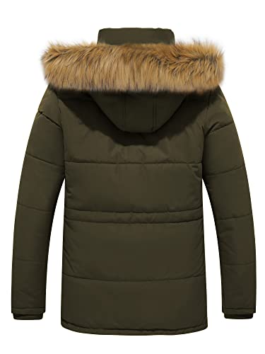 WenVen Men's Winter Casual Fleece Coat Classic Cotton Outdoor Jacket Faux Fur Trimmed Hood Coats Mid-Length Windproof Parka Jacket Army Green M