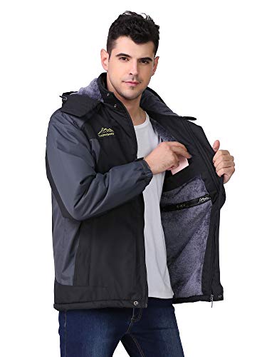 R RUNVEL Mens Waterproof Jackets Winter Coats for Men Walking Hiking Ski Rain Warm Fleece Outdoor Mountain Thermal Work Jackets with Hood Black UK Large