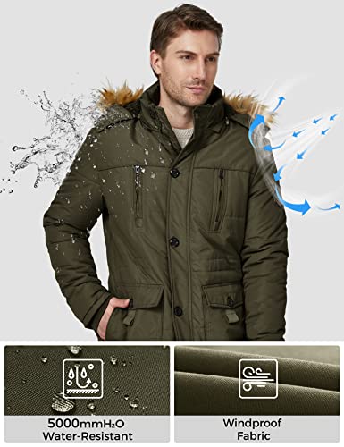 WenVen Men's Winter Casual Fleece Coat Classic Cotton Outdoor Jacket Faux Fur Trimmed Hood Coats Mid-Length Windproof Parka Jacket Army Green M