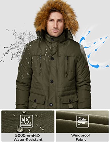 WenVen Men's Winter Casual Fleece Coat Classic Cotton Outdoor Jacket Faux Fur Trimmed Hood Coats Mid-Length Windproof Parka Jacket Army Green M