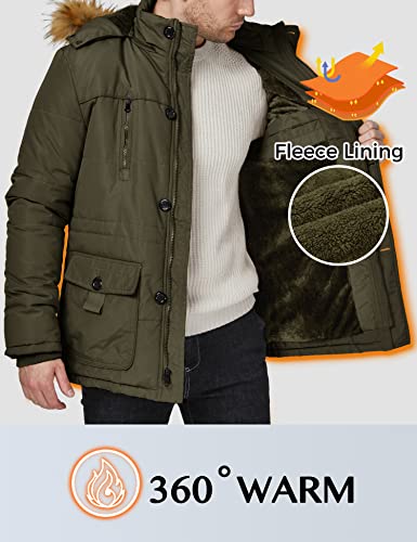 WenVen Men's Winter Casual Fleece Coat Classic Cotton Outdoor Jacket Faux Fur Trimmed Hood Coats Mid-Length Windproof Parka Jacket Army Green M