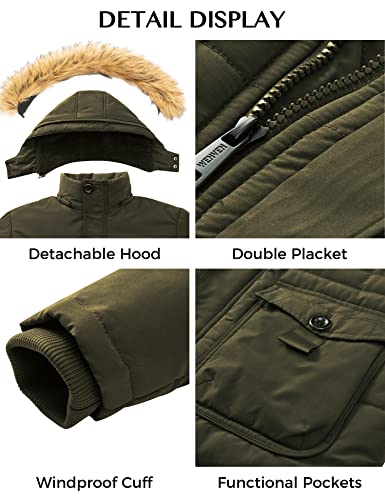 WenVen Men's Winter Casual Fleece Coat Classic Cotton Outdoor Jacket Faux Fur Trimmed Hood Coats Mid-Length Windproof Parka Jacket Army Green M