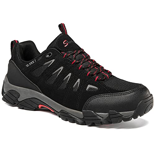 SHULOOK Walking Shoes Mens Waterproof Hiking Shoes Non Slip Lightweight Trekking Hiking Boots Comfortable Outdoor Trainers (Black/Red, Numeric_11)