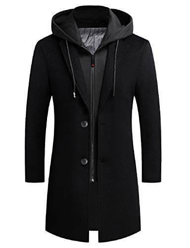 iCKER Men's Wool Woolen Coat Long Trench Coat Winter Casual Jacket Slim Fit Overcoat, Black 4(cotton), L