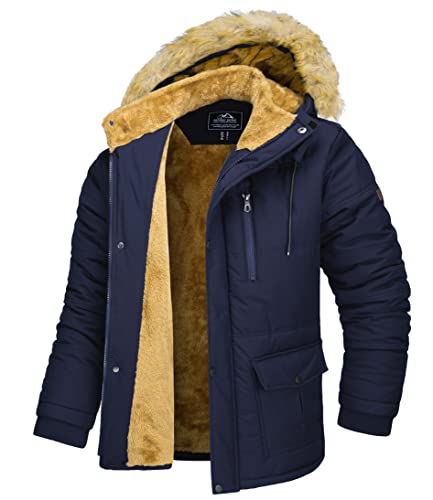 MAGCOMSEN Men's Coats Casual Winter Padded Jacket Men's Down Cotton Jacket Fur Hooded Long Coats Outdoor Water-Resistant Hiking Jackets Thermal Snow Wear Jacket with Detachable Fur Hood, Navy