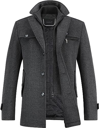 YOUTHUP Mens Winter Coat Mid Length Thick Wool Trench Coats Regular Fit Padded Military Peacoat, Dark Grey, L
