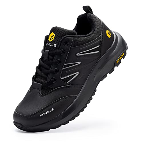FitVille Mens Extra Wide Fit Hiking Shoes, Waterproof Walking Trekking Trainers with Arch Support for Heel Pain Relief, Sturdy Core Black 13 UK X-Wide