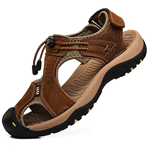 rismart Men's Closed-Toe Hook&Loop Outdoor Hiking Leather Shoes Sandals SN1505(Brown,9 UK)