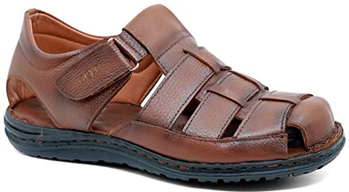 Lusco men`s real leather strap outdoor beach summer closed toe comfort fisherman sandals (Tan, UK Footwear Size System, Adult, Men, Numeric, Medium, 14)