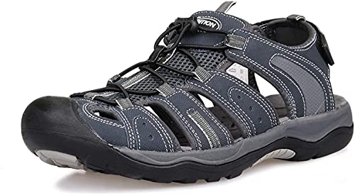 GRITION Mens Hiking Sandals Closed Toe Walking Sandals Hook and Loop Mesh & PU Upper Adjustable Heel Strap for Sports and Outdoors Trekking Summer Beach (9.5 UK, Navy)