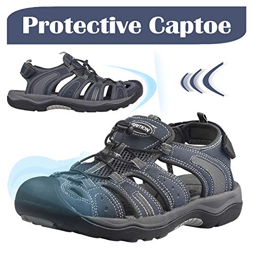GRITION Mens Hiking Sandals Closed Toe Walking Sandals Hook and Loop Mesh & PU Upper Adjustable Heel Strap for Sports and Outdoors Trekking Summer Beach (9.5 UK, Navy)
