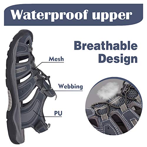 GRITION Mens Hiking Sandals Closed Toe Walking Sandals Hook and Loop Mesh & PU Upper Adjustable Heel Strap for Sports and Outdoors Trekking Summer Beach (9.5 UK, Navy)