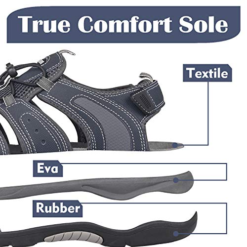 GRITION Mens Hiking Sandals Closed Toe Walking Sandals Hook and Loop Mesh & PU Upper Adjustable Heel Strap for Sports and Outdoors Trekking Summer Beach (9.5 UK, Navy)