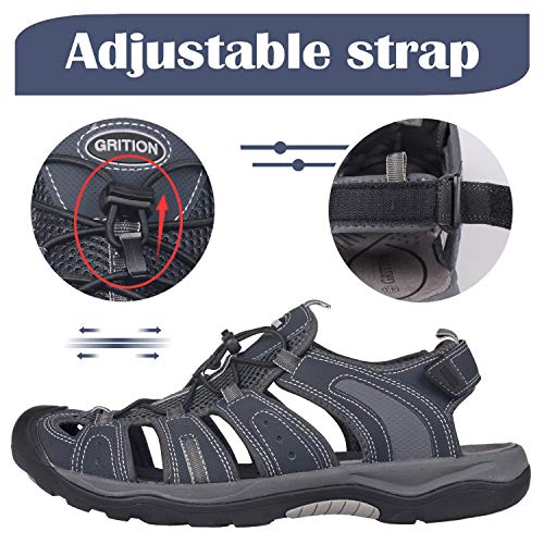 GRITION Mens Hiking Sandals Closed Toe Walking Sandals Hook and Loop Mesh & PU Upper Adjustable Heel Strap for Sports and Outdoors Trekking Summer Beach (9.5 UK, Navy)