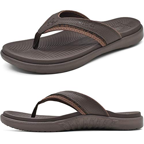 KuaiLu Flip Flops Men Sport Thong Sandals with Comfort Plantar Fasciitis Arch Support Beach Pool Slides for Men Soft Yoga Mat Cushion Size 9 Brown