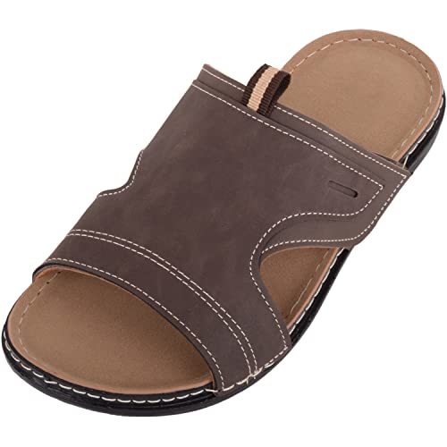 ABSOLUTE FOOTWEAR Mens Faux Leather Contrast Stitch Summer Slip On Mule Sandals Sliders - Brown - UK 10 / EU 44