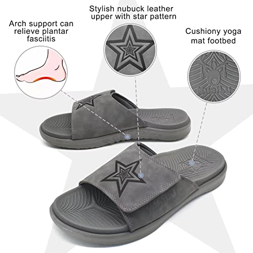 KuaiLu Mens Orthotic Slides Soft Cushion Sport Sandals with Plantar Fasciitis Arch Support Adjustable Open Toe Summer Slippers Slip on Indoor Outdoor Grey Size 11