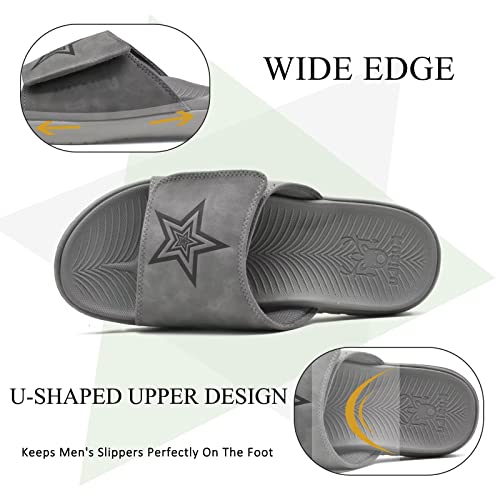 KuaiLu Mens Orthotic Slides Soft Cushion Sport Sandals with Plantar Fasciitis Arch Support Adjustable Open Toe Summer Slippers Slip on Indoor Outdoor Grey Size 11