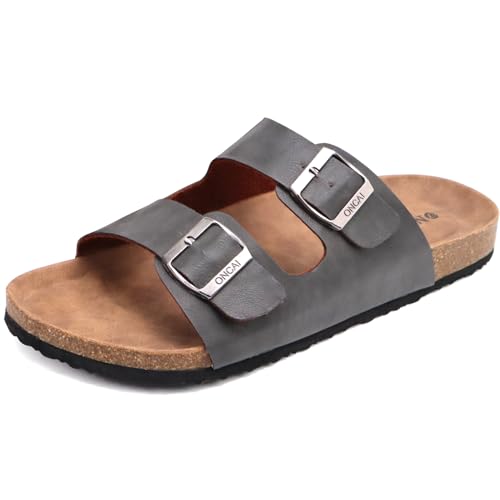 ONCAI Men's Slide Sandals Beach Lightweight Anti-skidding Flat Cork Sandals and Casual Slides with Two Adjustable Straps Grey Size 9