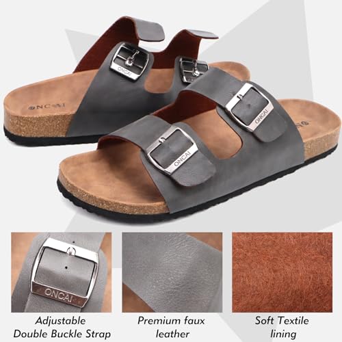 ONCAI Men's Slide Sandals Beach Lightweight Anti-skidding Flat Cork Sandals and Casual Slides with Two Adjustable Straps Grey Size 9