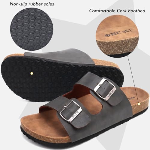 ONCAI Men's Slide Sandals Beach Lightweight Anti-skidding Flat Cork Sandals and Casual Slides with Two Adjustable Straps Grey Size 9