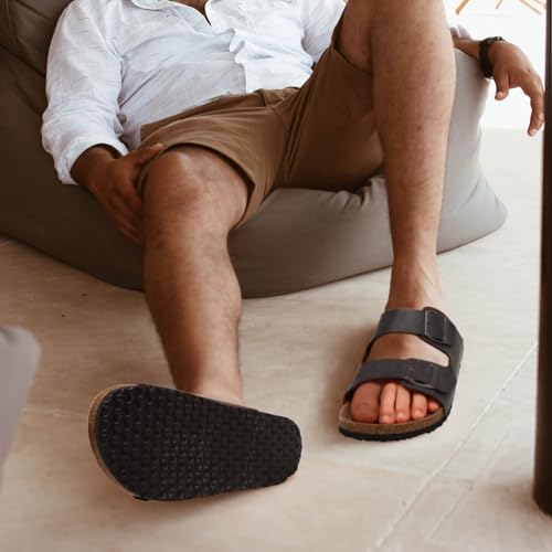 ONCAI Men's Slide Sandals Beach Lightweight Anti-skidding Flat Cork Sandals and Casual Slides with Two Adjustable Straps Grey Size 9