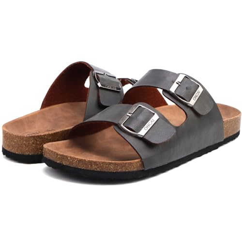 ONCAI Men's Slide Sandals Beach Lightweight Anti-skidding Flat Cork Sandals and Casual Slides with Two Adjustable Straps Grey Size 9