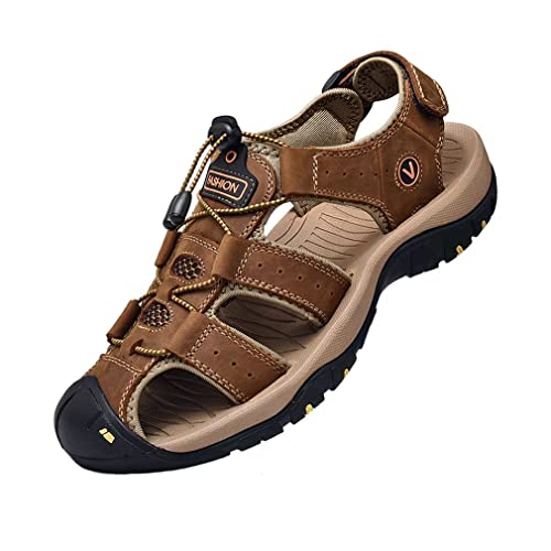 Sports Outdoor Sandals Summer Men's Beach Shoes Closed-Toe Shoes Leather Casual Trekking Walking Hiking Touch Close Strap Sandals for Men Brown UK9