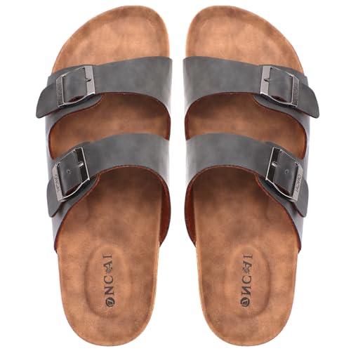 ONCAI Men's Slide Sandals Beach Lightweight Anti-skidding Flat Cork Sandals and Casual Slides with Two Adjustable Straps Grey Size 9
