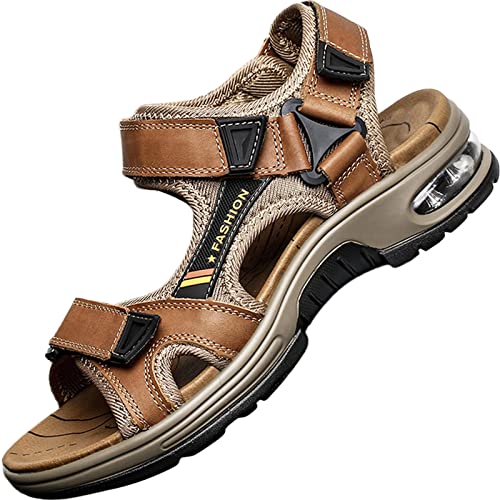 GILKUO Mens Sandals Leather Walking Trekking Hiking Sports Outdoor Summer Shoes for Men Velcro Open Toe Brown Size 9