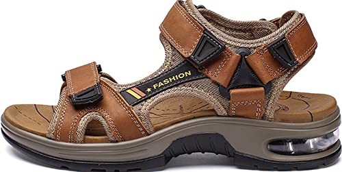 GILKUO Mens Sandals Leather Walking Trekking Hiking Sports Outdoor Summer Shoes for Men Velcro Open Toe Brown Size 9