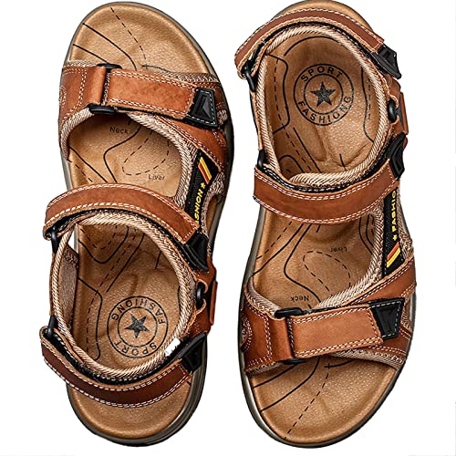 GILKUO Mens Sandals Leather Walking Trekking Hiking Sports Outdoor Summer Shoes for Men Velcro Open Toe Brown Size 9