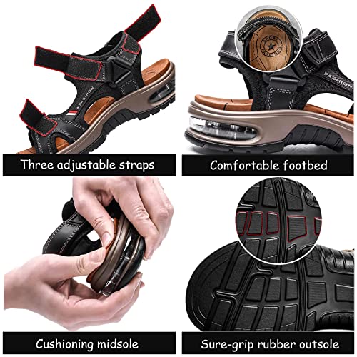 GILKUO Mens Sandals Leather Walking Trekking Hiking Sports Outdoor Summer Shoes for Men Velcro Open Toe Brown Size 9