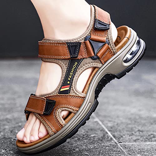 GILKUO Mens Sandals Leather Walking Trekking Hiking Sports Outdoor Summer Shoes for Men Velcro Open Toe Brown Size 9