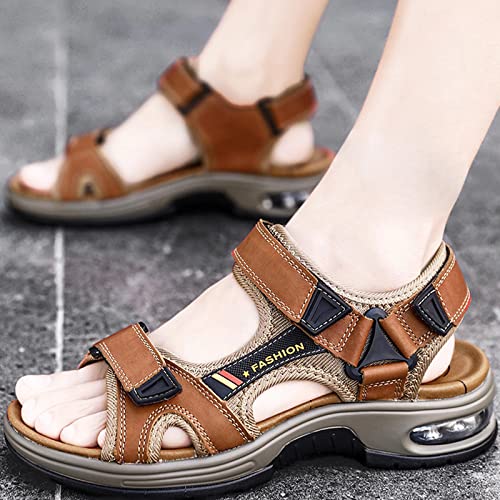 GILKUO Mens Sandals Leather Walking Trekking Hiking Sports Outdoor Summer Shoes for Men Velcro Open Toe Brown Size 9