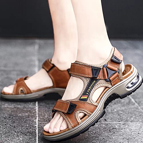 GILKUO Mens Sandals Leather Walking Trekking Hiking Sports Outdoor Summer Shoes for Men Velcro Open Toe Brown Size 9