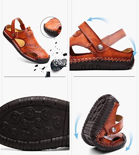 Rojeam Mens Casual Leather Sandals Closed Toe Beach Slippers Flat Shoes Summer Sandals for Hiking Trekking Brown
