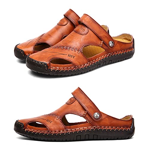 Rojeam Mens Casual Leather Sandals Closed Toe Beach Slippers Flat Shoes Summer Sandals for Hiking Trekking Brown