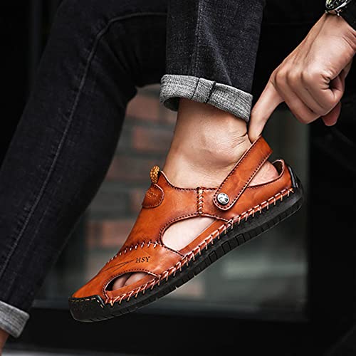 Rojeam Mens Casual Leather Sandals Closed Toe Beach Slippers Flat Shoes Summer Sandals for Hiking Trekking Brown