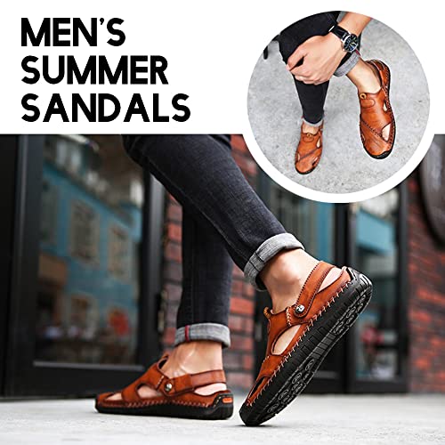 Rojeam Mens Casual Leather Sandals Closed Toe Beach Slippers Flat Shoes Summer Sandals for Hiking Trekking Brown