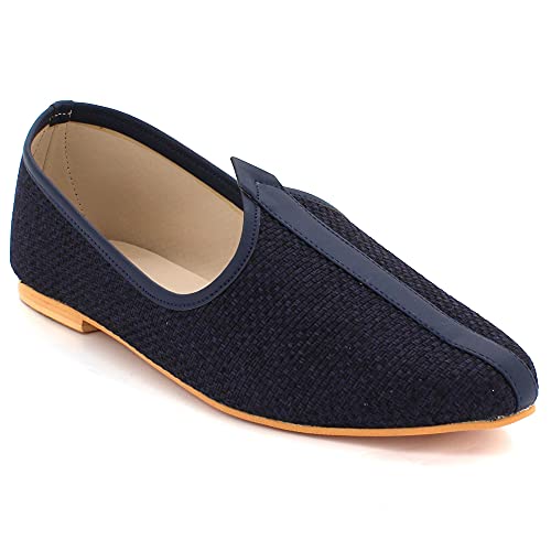 AARZ LONDON Mens Gents Groom Shimmery Traditional Ethnic Wedding Indian Pumps Khussa Jutti Mojari Slip On Flat Navy Color Shoes Size UK 9