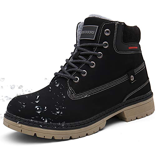 Boots Mens Flat Ankle Snow Boots Warm Fur Lined Fashion Combat Leather Casual Shoes Winter, Black, 10.5 UK, 45 EU