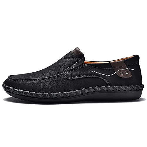 Hoefirm Men's Loafers Flat Leather Slippers Casual Slip on Shoes Breathable Moccasin Hand Stitched Shoes Black 10uk
